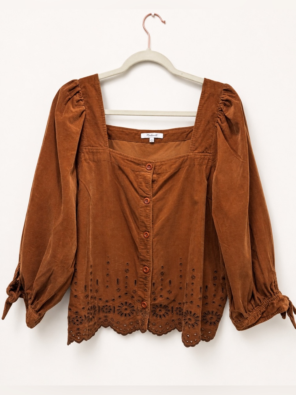 Madewell Rust Brown Corduroy Eyelet Square Neck Puff Sleeve Top XL